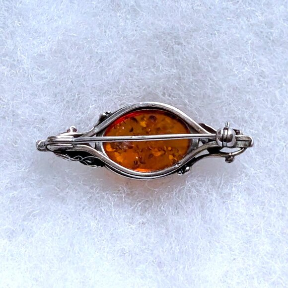 Vintage Sterling Silver 925 Baltic Honey Amber Rose Leaf Leaves Pin Brooch - Picture 7 of 7